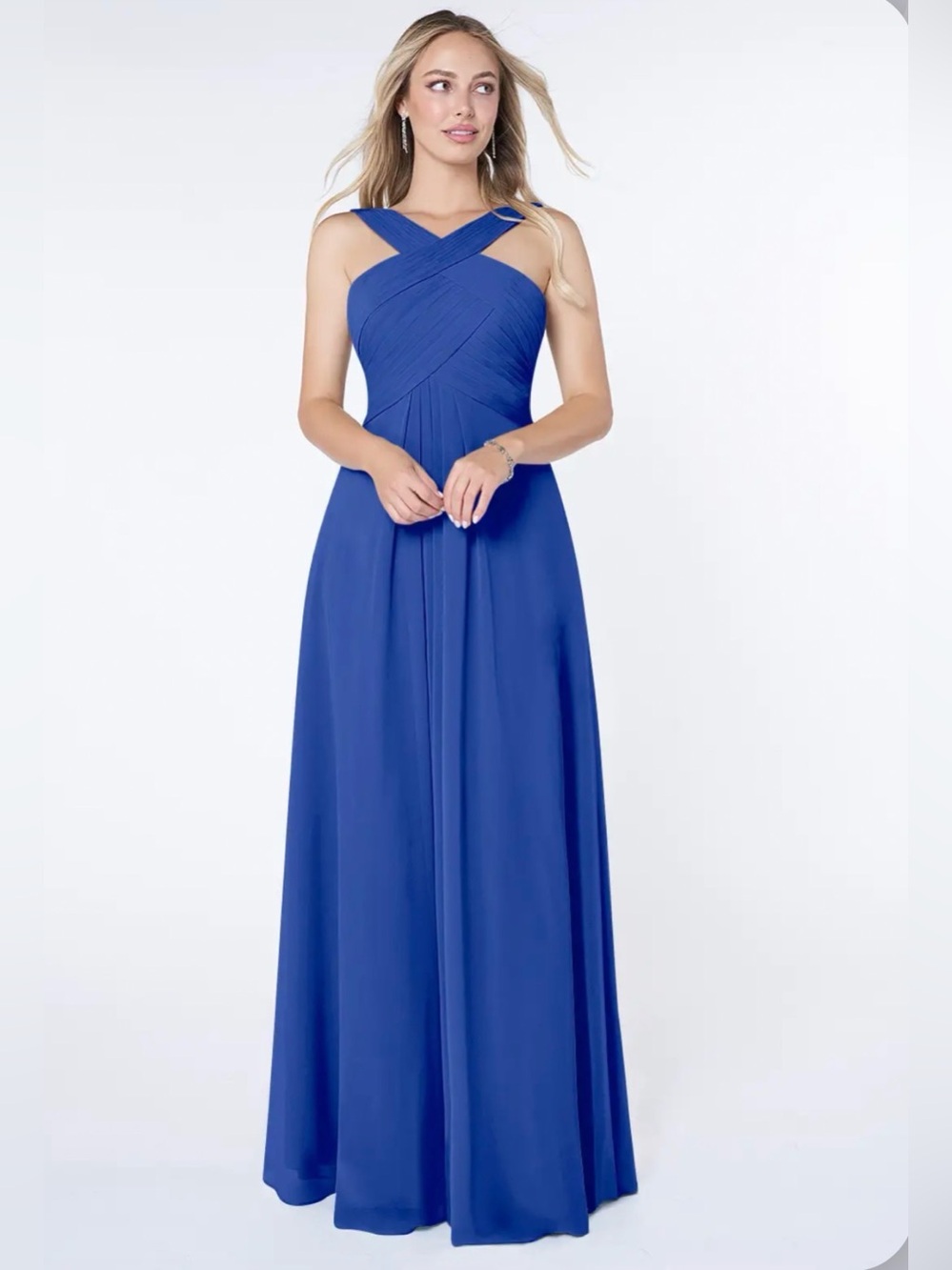 Azazie Kaleigh Royal Blue A-Line Pleated Chiffon Dress NWT Size 8
